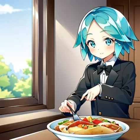 (chibi:1) phosphophyllite, phos, <lora:Phos-LoRA:1>, 1girl, wide-eyed, elegant, light diffraction, cooking a (typical german dish:1.3), tuxedo