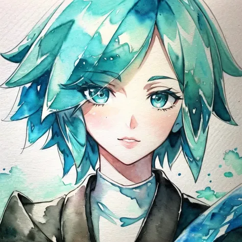 <lora:Phos-LoRA:1> phosphophyllite, phos, short_hair, green_hair, shiny_hair, portrait, regal, robe, intricated, detailed, (watercolor_\(medium\):1.1)