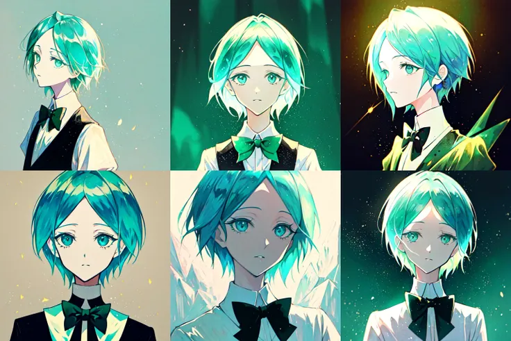 <lora:phosphophylliteFromLandOf_v10:1> phosphophyllite, phos, hair made of glass, portrait, green hair, bowtie. 1990 anime style, (evangelion:1.1) style <lora:OniricLoRA:1> oniric, unsettling, creepy