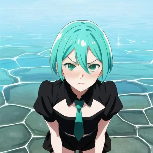 full body, masterpiece, best quality, detailed, sidelighting, anime style, lustrous skin, 1girl, solo, steppe, eye reflection, frown, glaring, full blush, close up, short hair, phosphophyllite, phos, androgynous, gem_uniform_\(houseki_no_kuni\), green hair, crystal hair, aqua hair, colored eyelashes, green eyes, black necktie, puffy sleeves, sparkle, black shorts, shorts, bangs, necktie<lora:Phos-LoRA:0.5>
