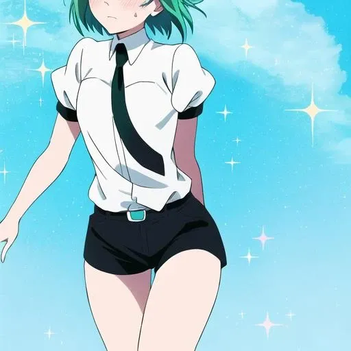 full body, masterpiece, best quality, detailed, sidelighting, anime style, lustrous skin, 1girl, solo, steppe, eye reflection, frown, glaring, full blush, close up, short hair, phosphophyllite, phos, androgynous, gem_uniform_\(houseki_no_kuni\), green hair, crystal hair, aqua hair, colored eyelashes, green eyes, black necktie, puffy sleeves, sparkle, black shorts, shorts, bangs, necktie<lora:Phos-LoRA:0.5>