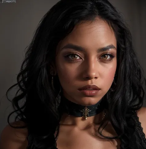 (masterpiece:1.2), (best quality,:1.2), 8k, highly detailed, fantasy, (extremely intricate), (photorealistic), professional light, cinematic lighting, ambient lighting, Havana, <lora:Havana-10:1>, earrings, choker, circlet, necklace, dark lipstick, dark makeup, good hands, dynamic pose, ((portrait shot)), long wild and messy (black!) hair, dark skin