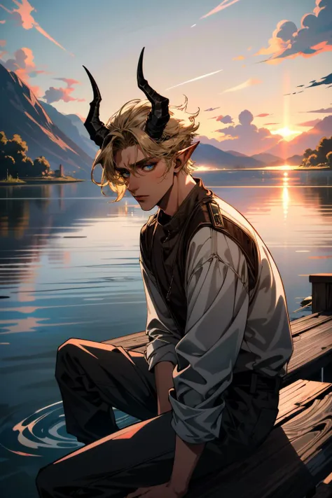 ((ultra detailed, masterpiece, absurdres))
 <lora:BGDammon:0.8>
BGDammon, 1boy, short hair, blonde hair, blue eyes, horns, Secluded Lakeside Pier with Reflections at Dusk