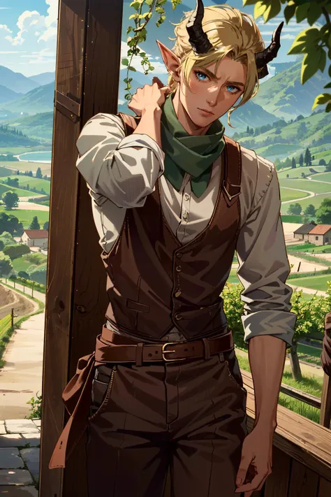 ((ultra detailed, masterpiece, absurdres))
 <lora:BGDammon:0.8>
BGDammon, 1boy, short hair, blonde hair, blue eyes, horns, Dreamy Tuscany Vineyard with Rows of Grapevines