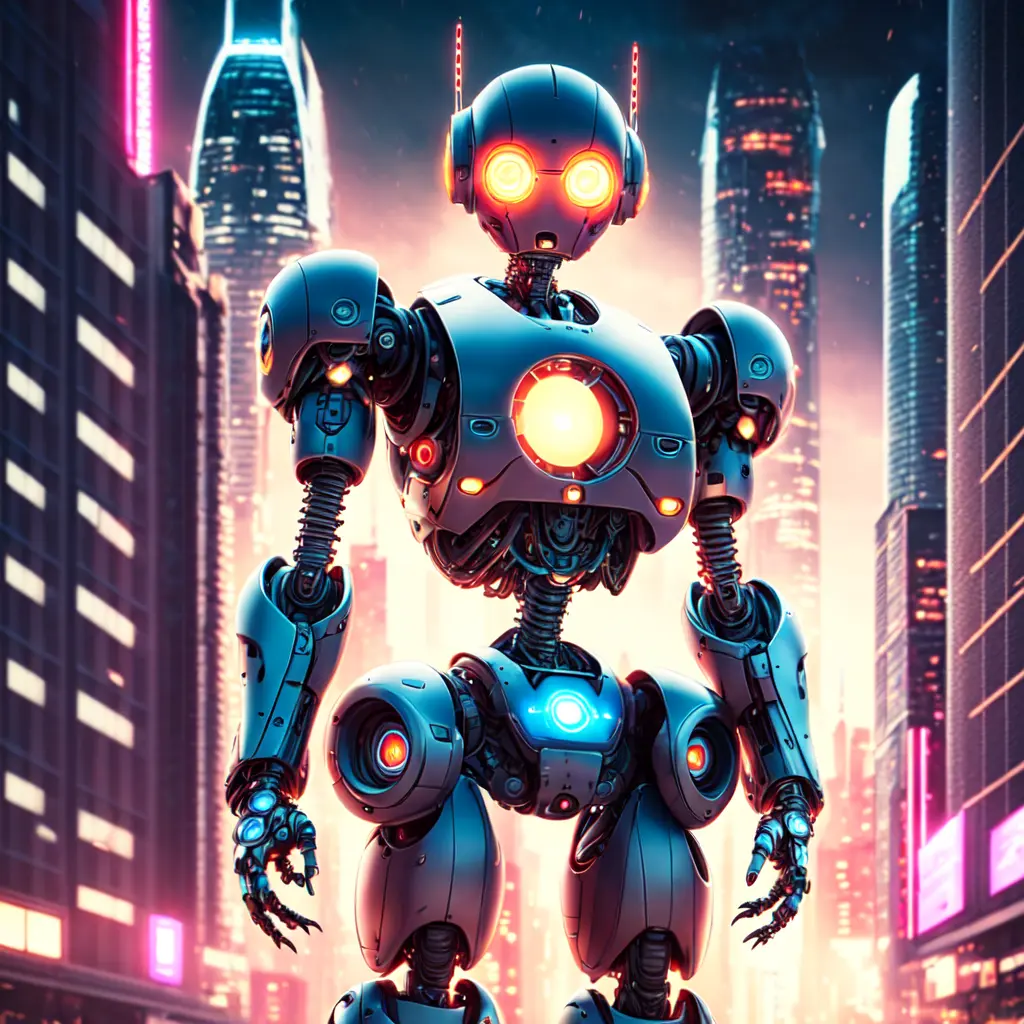 photo, a robot with glowing eyes standing in front of a city (Robotpunks style:1) <lora:djzRobotpunksV21:0.8>