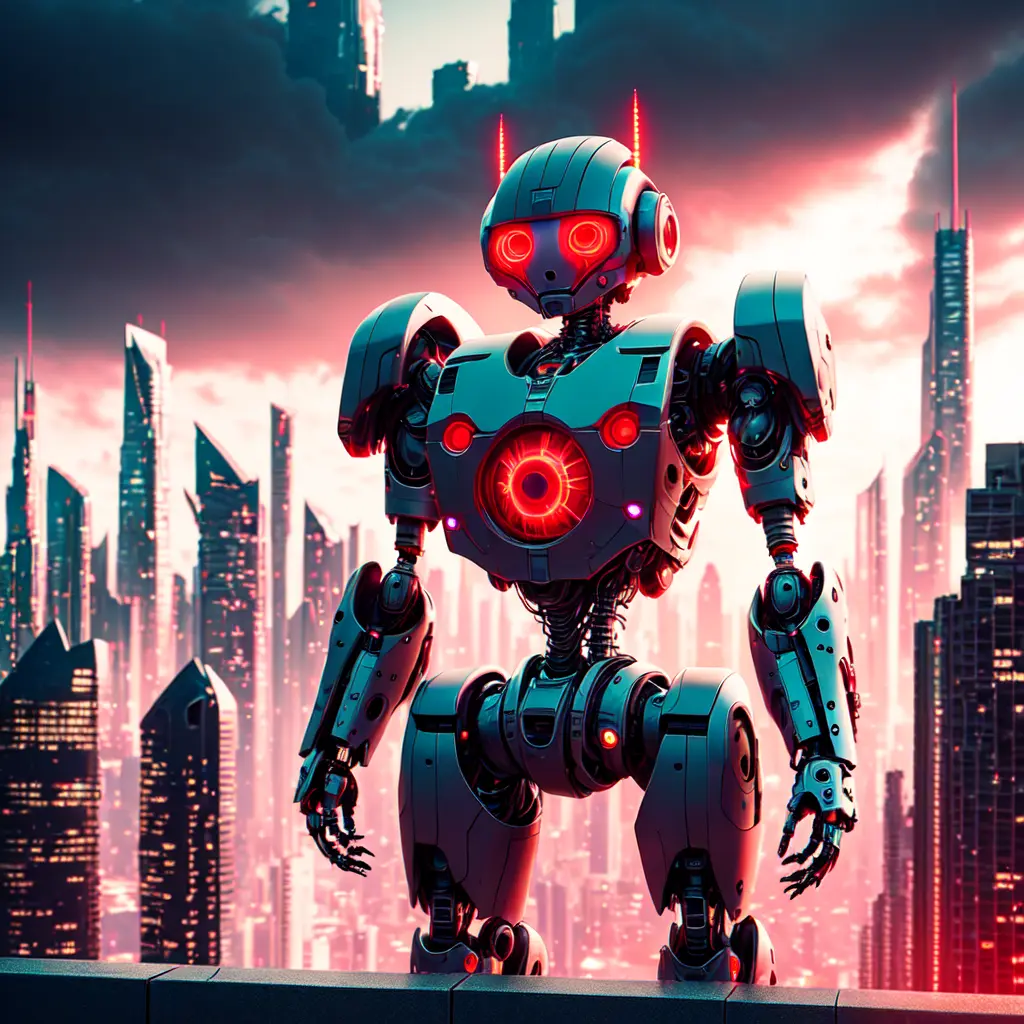 photo, a robot with red glowing eyes with a city in the background (Robotpunks style:1) <lora:djzRobotpunksV21:0.8>