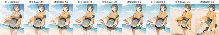 dynamic angle, masterpiece, best quality, anime screencap eyecatch, solo, looking at viewer, feet out of frame view of 1girl standing up facing viewer over a detailed illustration of a beach, hiryuuchan, (one side up:1.22) brown hair, brown eyes, orange kimono with wide furisode sleeves, cute, pixiv, best lighting, finely detailed eyes, depth of field, Japanese clothing, white socks, japanese geta sandals, large breasts, (red stripes:0.6), both hands visible <lora:hiryuu_counterfeitxla_1-08:0.9>
BREAK green hakama, hakama short skirt, miniskirt
Negative prompt: negativeXL_C, (low quality, worst quality:1.2), 3d, watermark, signature, ugly, poorly drawn, red eyes, missing limb, missing arm, breasts, extra digits, extra fingers, extra eyebrows, extra limb, extra leg,
Steps: 100, Sampler: DPM++ 2M SDE Karras, CFG scale: 3.0, Seed: 3864534702, Size: 896x1152, Model hash: 4635694aa3, Model: CounterfeitXL_α, Denoising strength: 0.4, Clip skip: 2, Hires upscale: 1.5, Hires steps: 30, Hires upscaler: ESRGAN_4x, Lora hashes: "hiryuu_counterfeitxla_1-08: 4341aa0926a6", TI hashes: "negativeXL_C: 1cb309fa4a8b", Script: X/Y/Z plot, X Type: CFG Scale, X Values: 3-7(+0.5), Version: v1.5.1-96-gc09bc2c6
