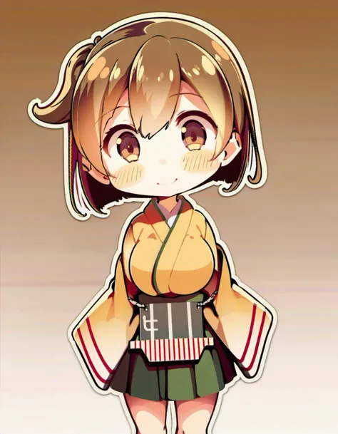 dynamic angle, masterpiece, best quality, photorealistic, best illustration, solo, looking at viewer, cowboy shot of 1girl facing viewer over a simple white to gold gradient background, hiryuuchan, (one side up:1.22) brown hair, brown eyes, orange kimono with wide furisode sleeves, cute, pixiv, best lighting, finely detailed eyes, depth of field, japanese clothing <lora:hiryuu_counterfeitxla_1-08:0.9>
BREAK green hakama, hakama short skirt, miniskirt,