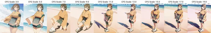 dynamic angle, masterpiece, best quality, anime screencap eyecatch, solo, looking at viewer, feet out of frame view of 1girl standing up facing viewer over a detailed illustration of a beach, hiryuuchan, (one side up:1.22) brown hair, brown eyes, orange kimono with wide furisode sleeves, cute, pixiv, best lighting, finely detailed eyes, depth of field, Japanese clothing, white socks, japanese geta sandals, large breasts, (red stripes:0.6), both hands visible <lora:hiryuu_counterfeitxla_1-08:0.9>
BREAK green hakama, hakama short skirt, miniskirt
Negative prompt: negativeXL_C, (low quality, worst quality:1.2), 3d, watermark, signature, ugly, poorly drawn, red eyes, missing limb, missing arm, breasts, extra digits, extra fingers, extra eyebrows, extra limb, extra leg,
Steps: 100, Sampler: DPM++ 2M SDE Karras, CFG scale: 3.0, Seed: 3864534702, Size: 896x1152, Model hash: 4635694aa3, Model: CounterfeitXL_α, Denoising strength: 0.4, Clip skip: 2, Hires upscale: 1.5, Hires steps: 30, Hires upscaler: ESRGAN_4x, Lora hashes: "hiryuu_counterfeitxla_1-08: 4341aa0926a6", TI hashes: "negativeXL_C: 1cb309fa4a8b", Script: X/Y/Z plot, X Type: CFG Scale, X Values: 3-19(+2), Version: v1.5.1-96-gc09bc2c6