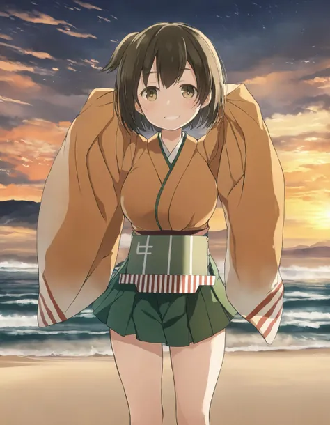 masterpiece, best quality, 8k HD anime ultra-detailed screencap eyecatch, solo, looking at viewer, photorealistic upper body photo of 1girl standing up facing viewer over a detailed illustration of a beach, hiryuuchan, (one side up:1.22) brown hair, brown eyes, orange and white gradient kimono with wide furisode sleeves with low red stripes, cute, pixiv, best lighting, extremely detailed eyes, depth of field, Japanese clothing, large breasts, both hands visible, light smile, blush, <lora:hiryuu_counterfeitxla_3-05:0.9>
BREAK green hakama, hakama short skirt, miniskirt