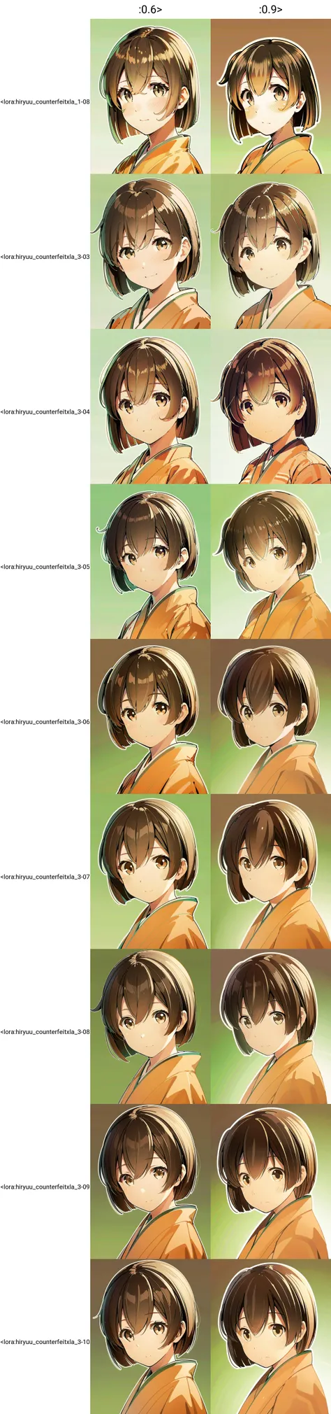 dynamic angle, masterpiece, best quality, photorealistic, best illustration, solo, looking at viewer, portrait view of 1girl facing viewer over a simple white to green gradient background, hiryuuchan, (one side up:1.22) brown hair, brown eyes, orange kimono with wide furisode sleeves, cute, pixiv, best lighting, finely detailed eyes, depth of field <lora:hiryuu_counterfeitxla_1-08:0.6>