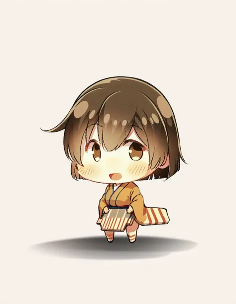 dynamic angle, masterpiece, best quality, photorealistic, chibi illustration cg, solo, looking at viewer, feet out of frame view of 1girl facing viewer over a simple white to gold gradient background, hiryuuchan, (one side up:1.22) brown hair, brown eyes, orange kimono with wide furisode sleeves, cute, pixiv, best lighting, finely detailed eyes, depth of field, Japanese clothing, white socks, japanese geta sandals, (red stripes:0.8) <lora:hiryuu_counterfeitxla_3-05:0.9>
BREAK green hakama, hakama short skirt, miniskirt,