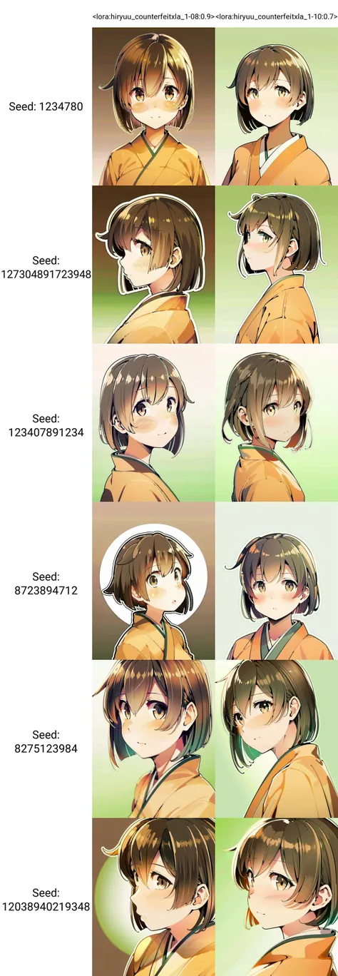 dynamic angle, masterpiece, best quality, photorealistic, best illustration, solo, looking at viewer, portrait view of 1girl facing viewer over a simple white to green gradient background, hiryuuchan, (one side up:1.22) brown hair, brown eyes, orange kimono with wide furisode sleeves, cute, pixiv, best lighting, finely detailed eyes, depth of field <lora:hiryuu_counterfeitxla_1-08:0.9>
Negative prompt: negativeXL_C, (low quality, worst quality:1.2), 3d, watermark, signature, ugly, poorly drawn, red eyes, missing limb, missing arm, breasts, extra digits, extra fingers, extra eyebrows
Steps: 100, Sampler: DPM++ 2M SDE Karras, CFG scale: 10, Seed: 1234780, Size: 896x1152, Model hash: 4635694aa3, Model: CounterfeitXL_α, Clip skip: 2, Lora hashes: "hiryuu_counterfeitxla_1-08: 4341aa0926a6", TI hashes: "negativeXL_C: 1cb309fa4a8b", Script: X/Y/Z plot, X Type: Prompt S/R, X Values: "<lora:hiryuu_counterfeitxla_1-08:0.9>,<lora:hiryuu_counterfeitxla_1-10:0.7>", Y Type: Seed, Y Values: "1234780,127304891723948,123407891234,8723894712,8275123984,12038940219348", Fixed Y Values: "1234780, 127304891723948, 123407891234, 8723894712, 8275123984, 12038940219348", Version: v1.5.1-84-g6f0abbb7