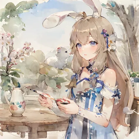 1girl, solo, masterpiece, best quality,(((watercolour))),((chinese style )),(flowers,woods),Long rabbit ear