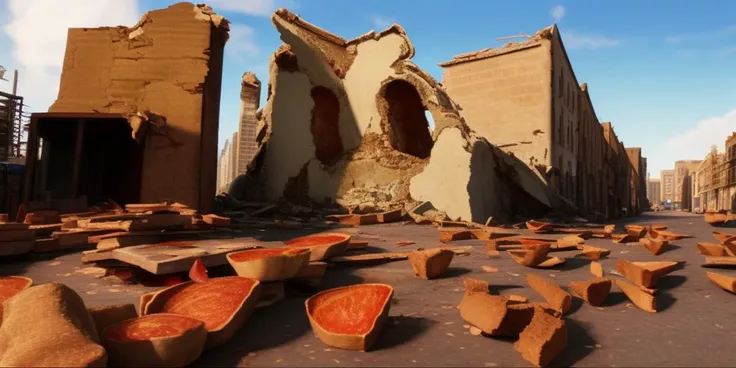 a city, ruins, food