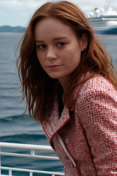 High-quality Instagram photo, close-up of a 20-year-old Scandinavian girl, redhead, sexy, short height, green eyes, freckles, cute face, body lying face up, large breasts, white blazer, white pants, black sweater, on a yacht with a lake background, larger head and short torso.