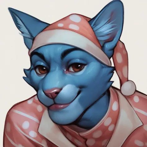 score_9, score_8_up, score_7_up, score_6_up, score_5_up, in style of sususuigi, domestic cat, mammal, upper body, pajamas, nightcap, blue fur, white background, BREAK <lora:KazuyaGuy:1.4> brown eyes, solo, looking at viewer, smile, closed mouth, portrait, lips, male focus