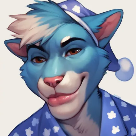 score_9, score_8_up, score_7_up, score_6_up, score_5_up, in style of sususuigi, domestic cat, mammal, upper body, pajamas, nightcap, blue fur, white background, BREAK <lora:KazuyaGuy:1.4> brown eyes, solo, looking at viewer, smile, closed mouth, portrait, lips, male focus