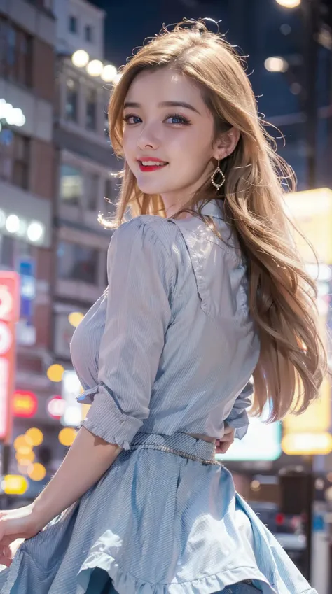 1girl,solo,gold hair,portrait,earrings,jewelry,looking at viewer,realistic,blue eyes,long hair,crazy laugh,cowboy shot,Shopping Street,Night,neon trim,neon lights,
complete with a full skirt and petticoat,and neon signs. Her eyes should be sparkling with excitement,her skin flawless and glowing under the soft,dramatic lighting. This scene should be captured on 35mm film,with a beautiful depth of field and a slightly blurry,nostalgic background. film portrait photography,35mm film,filmg,<lora:Asianface_v1.0:0.7>,