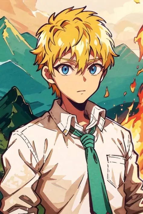 masterpiece, best quality, wallpaper, 1boy, solo, male focus, looking at viewer, upper body, depth of field, anime coloring, realistic, <lora:teru_minamoto:0.66>, teru_minamoto, blonde hair, blue eyes, indian costume, The Mountain of Fire,