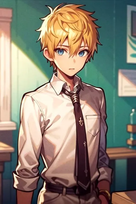 masterpiece, best quality, photorealistic, 1boy, solo, male focus, looking at viewer, upper body, depth of field, anime coloring, realistic, <lora:teru_minamoto:0.70>, teru_minamoto, blonde hair, blue eyes, cowboy costume, science fiction speculative fiction, 32k resolution