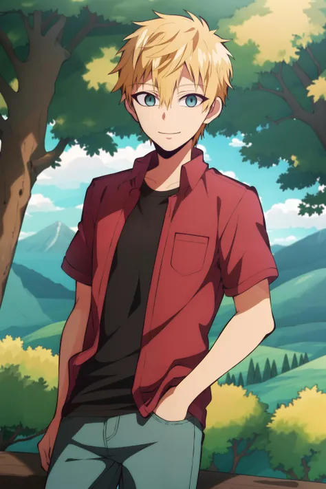 masterpiece, best quality, 1boy, solo, teru_minamoto, ((forest, tree, mountain, outdoors)), standing, hand in pocket, looking at viewer, blonde hair, blue eyes, smile, closed mouth, (casual, layered clothes, red shirt, collared shirt, (open shirt), ((black t-shirt)), jeans),
