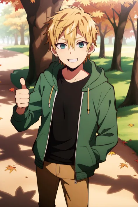 masterpiece, best quality, 1boy, solo, teru_minamoto, standing, thumbs up, hand in pocket, (park, tree, autumn), looking at viewer, blonde hair, blue eyes, grin, (casual, tight, (green hooded jacket), open jacket, black t-shirt, tight brown pants),