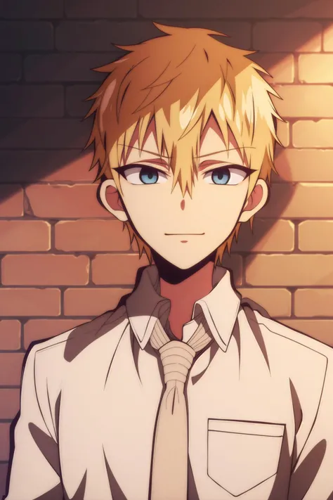 masterpiece, best quality, 1boy, teru_minamoto, portrait, upper body, looking at viewer, against wall, (brick wall), blonde hair, blue eyes, smug, closed mouth, white shirt, necktie,