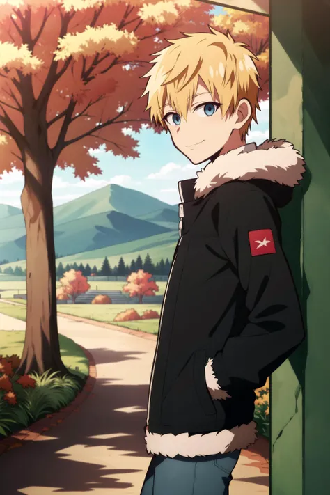 masterpiece, best quality, 1boy, solo, teru_minamoto, cowboy shot, standing, hands in pockets, (forest, tree, autumn, mountain), from side, looking at viewer, blonde hair, blue eyes, smile, closed mouth, (casual, (black jacket, fur-trimmed jacket), open jacket), jeans,