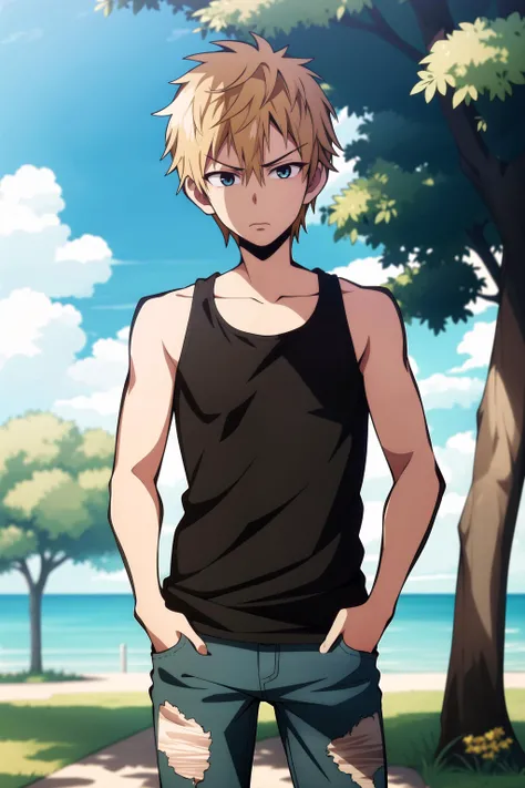 16 year old man with blonde hair tail and wolf ears walking with shorts and no shirt