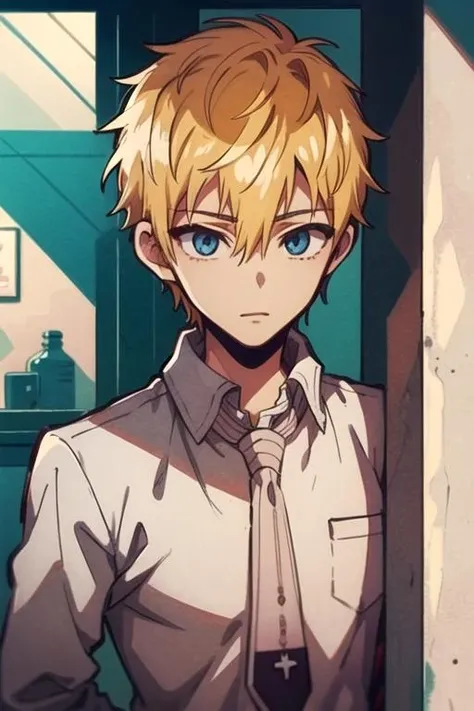 masterpiece, best quality, sketch, 1boy, solo, male focus, looking at viewer, upper body, depth of field, anime coloring, realistic, <lora:teru_minamoto:0.72>, teru_minamoto, blonde hair, blue eyes, thief costume, ,