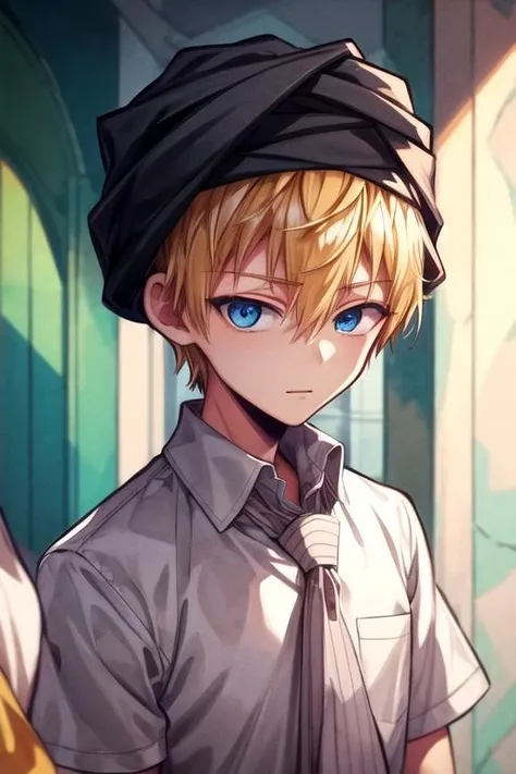 masterpiece, best quality, , 1boy, solo, male focus, looking at viewer, , depth of field, anime coloring, , <lora:teru_minamoto:0.70>, teru_minamoto, blonde hair, blue eyes, short sleeve shirt, turban, mosque,