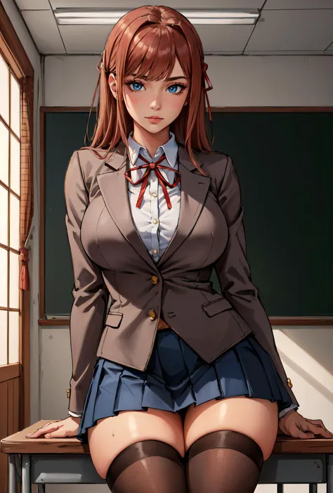 (masterpiece, best quality, ultra detailed, absurdres:1.5), 1girl, (sexy, beautiful woman, perfect face, perfect eyes, perfect female body, large breasts:1.5), (ddlc school uniform, blazer, blue skirt, ribbon, red ribbon, neck ribbon, closed jacket, buttons, thighhighs, high heels, <lora:doki_literature_club_uniform:0.8>, long hair, blunt bangs), (sitting, on desk, indoors, Japanese classroom), perfect lighting, smooth, hdr