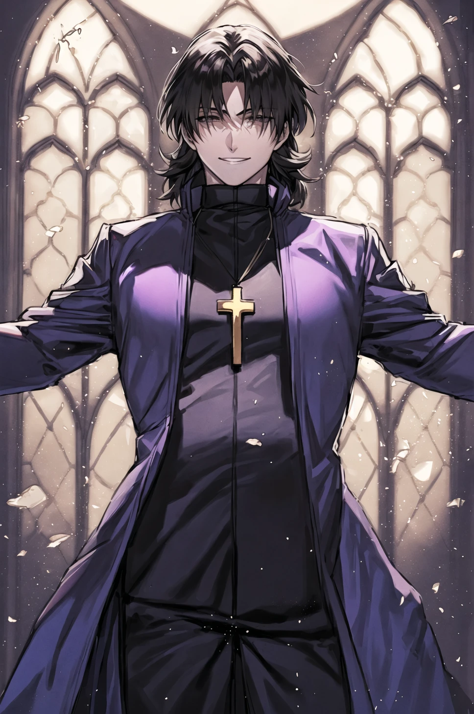 masterpiece, best quality, detailed, 1boy,
church, stained glass, light beams, indoors, light particles,
<lora:KotomineKireiV1:0.8>, kotomine kirei, spread arms, purple coat, black shirt, black pants, cross necklace, parted bangs, smile