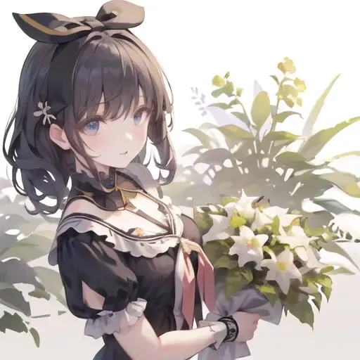 <lora:lolita_by_ariah_best-000007:0.7>,gloariah\(lora\),black hair,hair bow,flowers,((masterpiece,best quality)),1girl,