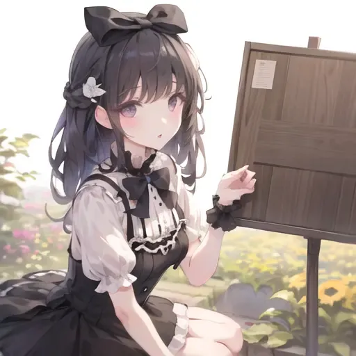 <lora:lolita_by_ariah_best-000007:0.7>,gloariah\(lora\),black hair,hair bow,flowers,((masterpiece,best quality)),1girl,