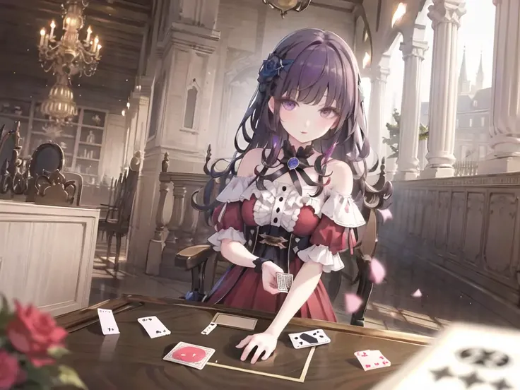 gloariah\(lora\), 1girl, solo, looking at viewer, card, purple eyes, flower, petals, bangs, playing card, castle, red dress, black hair, short sleeves, rose, puffy sleeves, purple hair, red flower, outdoors, blurry, building, depth of field, parted lips, off-shoulder dress,