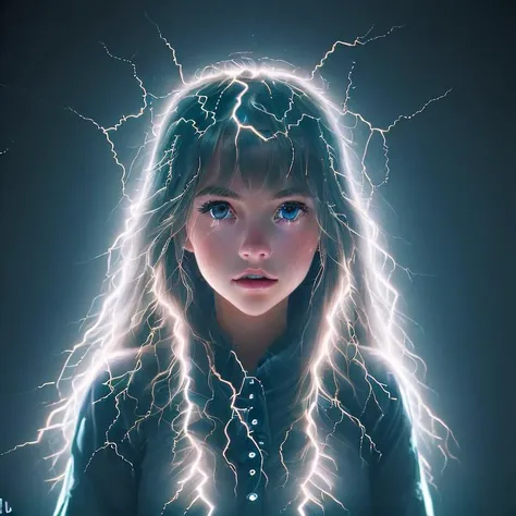 A closeup of a child with a hair style with a lightning bolt sticking out of it, cinematic lightning and colors, cabelos eletrificados, electric hair, cinematic colorful lightning, colorful magical effects, The Electric Boy, lightning fantasy magic, electric color, amazing lighting effect, efeitos de raios, aura de eletricidade, fiber optic hair, photo manipulation, eletrizante, little girl with magical powers
