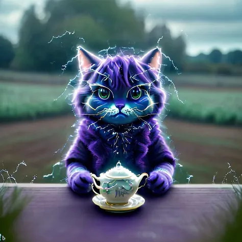 close-up cheshire cat at a tea party in the fields, casting DonMl1ghtning swirling magic, hyper detailed, intricate <lyco:DonMl1ghtning:0.9>, RAW candid cinema, 16mm, color graded portra 400 film, remarkable color, ultra realistic, remarkable detailed pupils, shot with cinematic camera