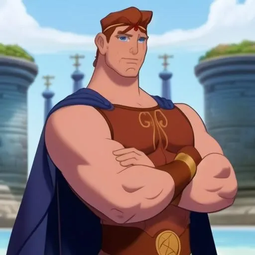 Disney's Hercules,1boy, abs, bara, blue eyes, bodysuit, cape, closed mouth, crossed arms, large pectorals, male focus, muscular, muscular male,((masterpiece)) <lora:HerVn_Disney_1997-10:0.8>