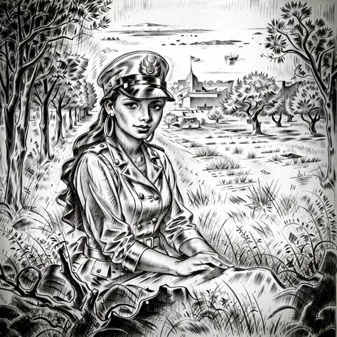 lemagny closeup of a girl in military uniform in the background of tanks and trees <lora:lemagny2:1>