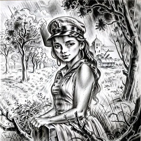 lemagny closeup of a girl in military uniform in the background of tanks and trees <lora:lemagny2:1>