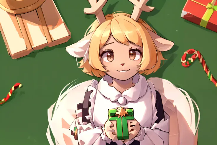 ((sfw)), cute, ((looking down)), from above, 1girl,(masterpiece,detailed,highres:1.4) opening presents on christmas night, gift, holding gift, shredded paper, next to chimney with fire, <lora:noelle-18:1> noelleholiday, blonde hair, short hair, deer ears, furry, dark-skinned female, furry female, pink dress, black eyes, smile, indoors, white shirt,