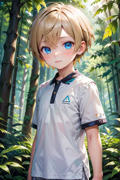 (1 boy:1.2), multicolored background,(very short hair)
crew cut,, blue eyes, masterpiece,  male characters, hires,
multiple details, sky,  forest, handsome,  ultra detailed background,  white polo shirt
beautiful eyes (vocaloid), delicate features, high light in eyes, triangle chin, (full shot:1.2), (whole body:1.2),
petite, young, juvenile, detailed beautiful little boy, adorable boy, sunlight,standing
aoki, masterpiece
 <lora:aoki_xl_v10:0.4>