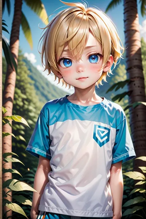 (1 boy:1.2), multicolored background,(very short hair)
crew cut,, blue eyes, masterpiece, male characters, hires,
multiple details, sky, forest, handsome, ultra detailed background, t shirt,
beautiful eyes (vocaloid), delicate features, high light in eyes, triangle chin, (full shot:1.2), (whole body:1.2),
petite, young, juvenile, detailed beautiful little boy, adorable boy, sunlight,standing
aoki, masterpiece
<lora:aoki_xl_v10:0.4>