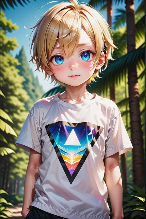 (1 boy:1.2), multicolored background,(very short hair)
crew cut,, blue eyes, masterpiece, male characters, hires,
multiple details, sky, forest, handsome, ultra detailed background, t shirt,
beautiful eyes (vocaloid), delicate features, high light in eyes, triangle chin, (full shot:1.2), (whole body:1.2),
petite, young, juvenile, detailed beautiful little boy, adorable boy, sunlight,standing
aoki, masterpiece
<lora:aoki_xl_v10:0.4>