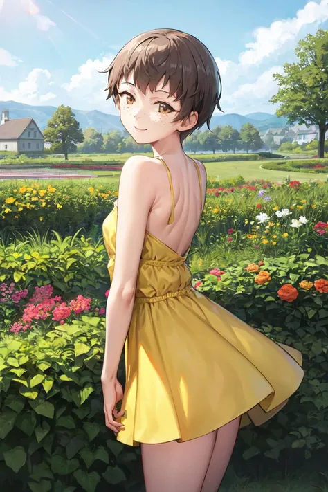 masterpiece, best quality, absurdres, perfect anatomy, 1girl, solo, NaomiGuP, short hair, freckles, from behind, sundress, yellow sundress, garden, day, sunshine, smile, looking back, <lora:NaomiGuP:1>