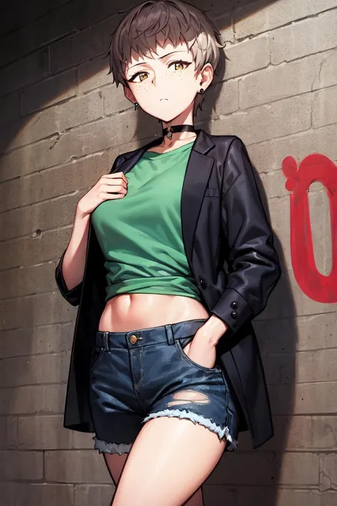 masterpiece, best quality, absurdres, perfect anatomy, 1girl, solo, NaomiGuP, short hair, freckles, earrings, sharp eyes, choker, neon shirt, torn legwear, open jacket, turtleneck sweater, night, against wall, brick wall, graffiti, dim lighting, alley, looking at viewer, <lora:NaomiGuP:1>