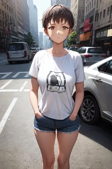 masterpiece, best quality, absurdres, perfect anatomy, 1girl, solo, NaomiGuP, short hair, freckles, graphic tee, denim shorts, standing, outdoors, city, hands in pockets, <lora:NaomiGuP:1>