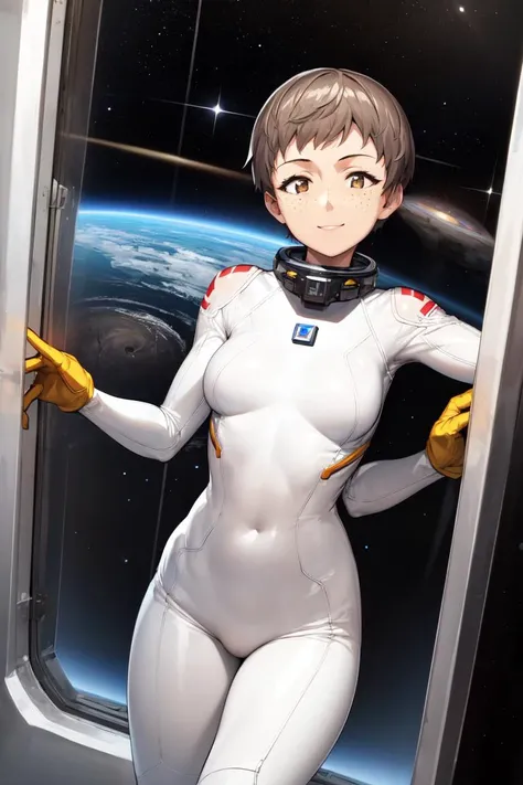 masterpiece, best quality, absurdres, perfect anatomy, 1girl, solo, NaomiGuP, short hair, freckles, astronaut suit, dutch angle, wide shot, smile, laughing, window, space station, planet, earth, galaxy, space, universe, star, milky way, nebula, <lora:NaomiGuP:1>